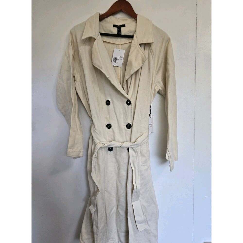 Forever 21 Trench Coat Womens L Belted Ivory Business Career Old Money Long NWT
